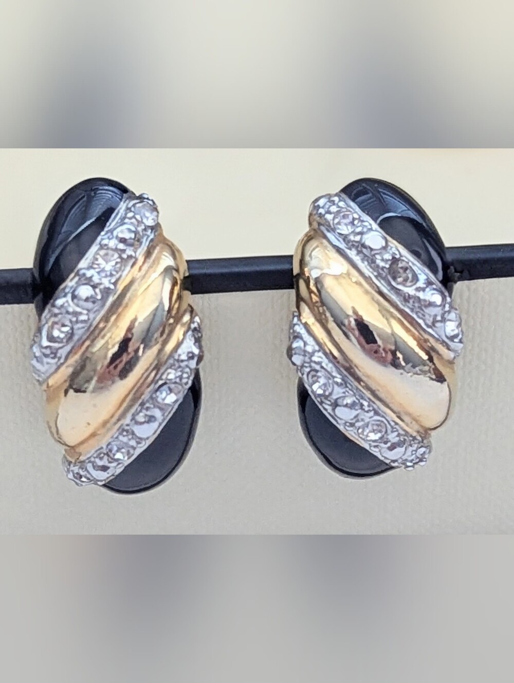 Gold-Tone, Black Enamel & Rhinestone Half-Hoop Pierced Earrings